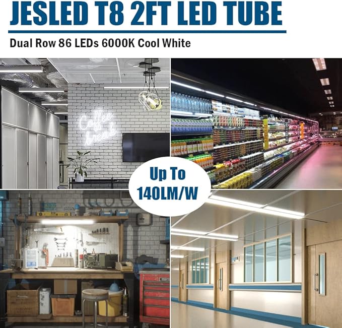JESLED 2FT T8 LED Tube Light, 12W(30W Equivalent), 1680LM, 6000K, Ballast Bypass, 24 Inch F20T12 Fluorescent Bulb Replacement, Dual Ended, 24” Lighting Tube Fixture (4-Pack)