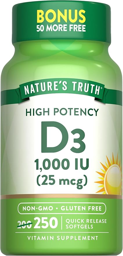 Nature's Truth D3 1000 IU | 250ソフトジェル | 必須ビタミンD | 非遺伝子組み換え＆グルテンフリーサプリメント