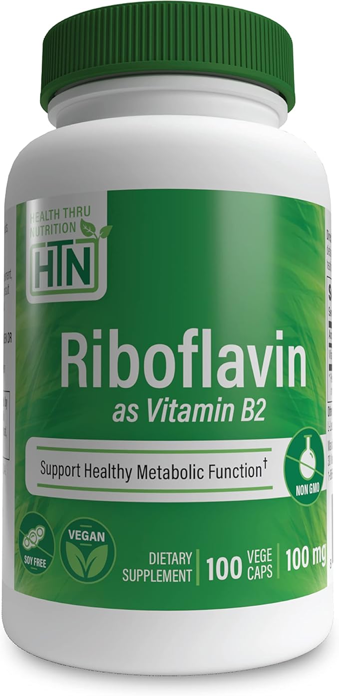 Health Thru Nutrition Riboflavine 100mg Vitamine B2 100 Végécaps | Soutient une fonction métabolique énergétique saine et le système nerveux | Testé par des tiers | Sans OGM, soja et gluten, hypoallergénique