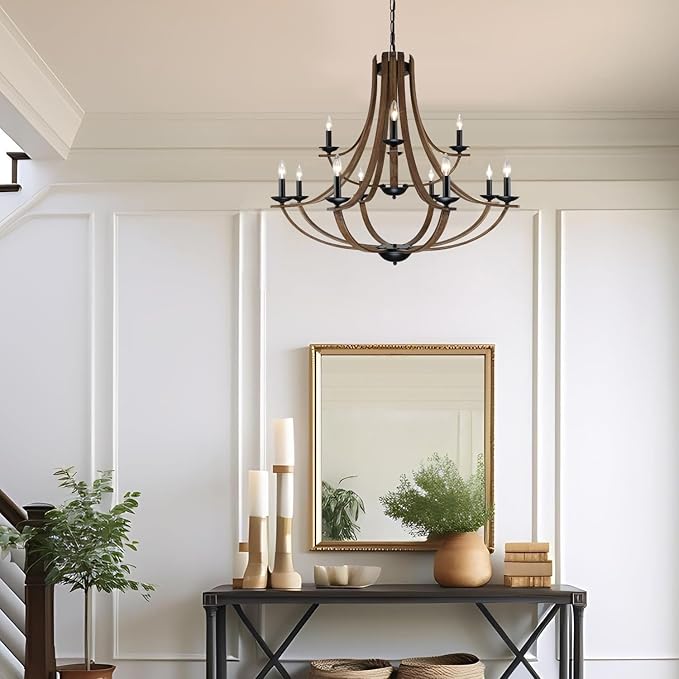 LAMPKEDUO Farmhouse Chandeliers for Dining Room Light Fixture, 2 Tier 12-Light 41" Adjustable Height Retro Faux Wood Texture Rustic Light Fixtures for Living Room Bedroom Foyer Entryway