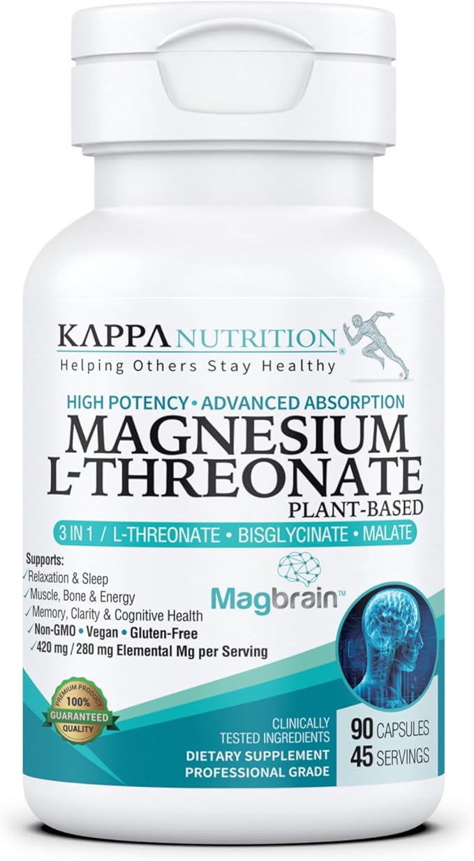 Kappa Nutrition alimenté par Magbrain™ Magnésium L-Thréonate végétal, 90 capsules véganes, 420mg de magnésium élémentaire (3 capsules) à partir de 2 253mg, soutien du cerveau, du sommeil et des muscles.