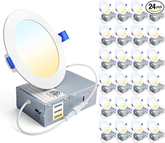 Ensenior 24 Pack 4 Inch LED Recessed Ceiling Light, Dimmable, 3000K-5000K 3CCT, 750LM 9W 120V, High Brightness Canless Wafer Downlight - ETL&FCC&IC