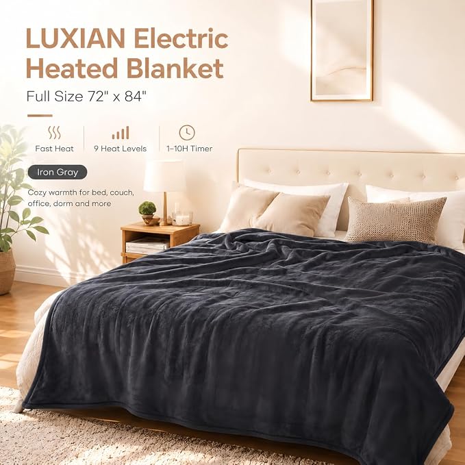LUXIAN Electric Heated Blanket Full Size 72"x84", Fast Heat & 9 Temp & 1-10H Timer, for Seniors/Adult/Office/Dorm/Pets, on Bed/Couch/Desk/Floor, Get Warm Fast & Washable, Iron Gray