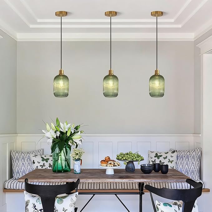 2 Pack 11"-70" Height Adjustable Pendant Lights with Vintage Green Ribbed Glass Lampshade, Brushed Gold Pendant Lights Fixtures for Kitchen Island Lighting Sink, Dining Room (Bulbs Not Included)