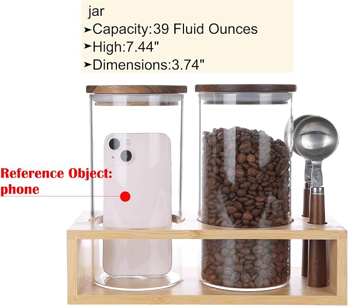 KKC Airtight Coffee Canister and Sugar Container Set with 2 Wooden Handle 1 TBSP Spoons - 2 Pack 39 oz Large Glass Storage Jars with Bamboo Rack, Elegant Countertop Coffee Station Organizer Bar Accs