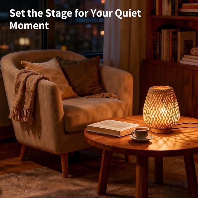 Boho Table Lamp with Double Layer Woven Shade Wood Base, Desk Bedside Small Rattan Lamps, 110V Plug, Dimmable E26 Socket (Bulb Included) for Living Room Night Stands Bedroom