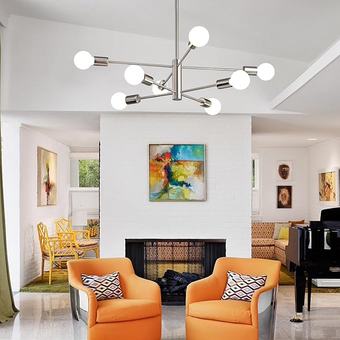 KAISITE Modern Chandelier Ceiling Light Fixture Brushed Nickel Sputnik Chandeliers for Bedroom Living Room 8-Light Height Adjustable Dining Room Farmhouse Chandelier Over Table Hanging Kitchen Light