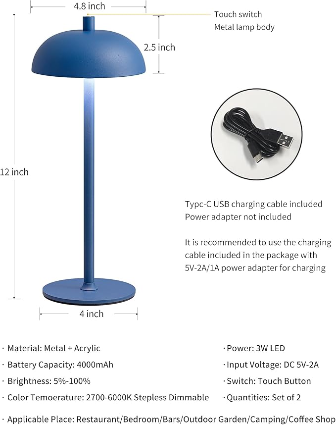 LED 12" Small Cordless Table Lamp Set of 2, 4000mAh Portable Touch Desk Lamp, 3 Color Dimming Rechargable Battery Powered Lamps, for Bedroom, Outdoor, Restaurant, Bedside, Night Lights (Blue)