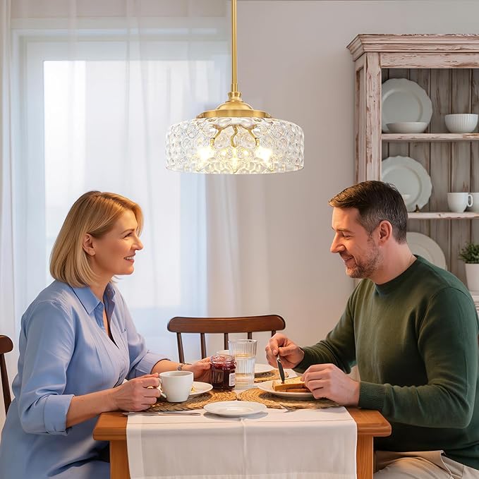 Vintage Pendant Light, Brushed Gold Pendant Lights Kitchen Island with Hammered Glass Shade, Hanging Ceiling Penant Lighting Fixtures with Adjustable Rods for Bathroom, Dining Room, Entryway, E12*3