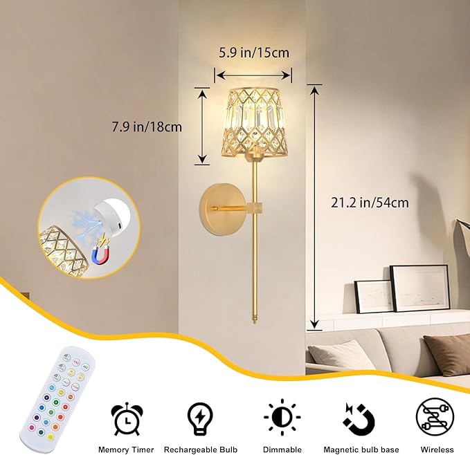 Gold Battery Operated Wall Sconces Set of 2, Crystal Rechargeable Wireless Wall Sconce Light Fixtures for Home Decor, Dimmable 12 RGB and 3CCT Wall Lamps with Remote for Living Room Bedroom Hallway