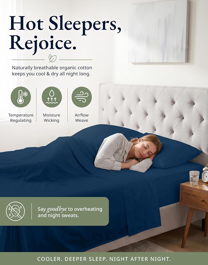 LANE LINEN Fitted Sheet, 100% Organic Cotton Fitted Bed Sheets, Soft & Comfy Naturally Cooling Eco Friendly All Weather Fitted Sheets Queen Fits Mattress Upto 15" Deep- Navy (Cases Included)