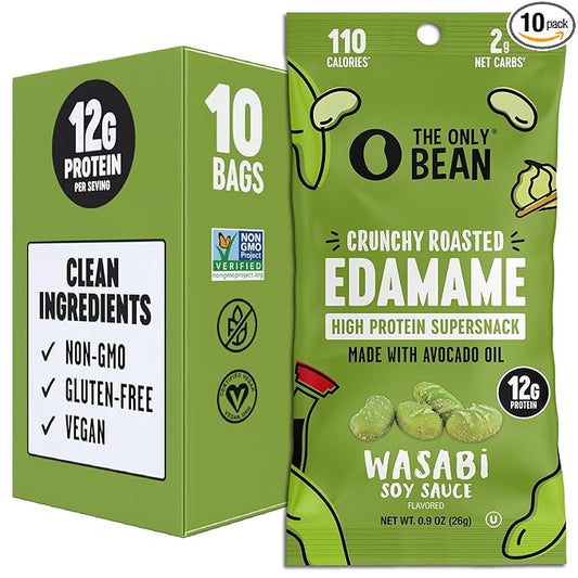 The Only Bean Crunchy Roasted Edamame Snacks (Wasabi Soy Sauce), Healthy High Protein Snacks, Low Carb, Keto Friendly, Gluten Free, Vegan, Lunch, Office, Adults and Kids, 0.9 Ounce (Pack of 10)