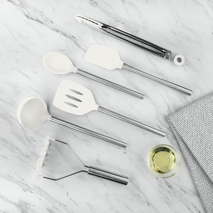 Tovolo Silicone Cooking Utensil Set of 6 Stainless Steel Handle Ladle Slotted Turner Tongs Flex Core Spatula Scraper Mixing Spoon & Potato Masher, Dishwasher Safe BPA Free Utensils, White