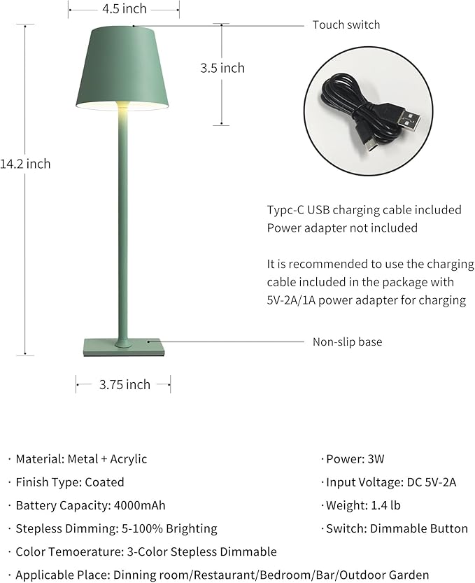 KDG 2 Pack Cordless Table Lamp,Portable LED Desk Lamp, 4000mAh Battery Operated, 3 Color Stepless Dimming Up, for Restaurant/Bedroom/Bars/Outdoor Party/Camping/Coffee Shop Night Light(Green)