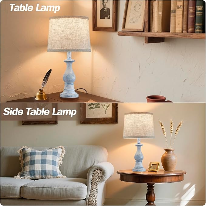Vintage Table Lamp for Living Room Bedroom, 18.5" Farmhouse Bedside Lamps Nightstand Lamp Set of 2, Table Lamps with Oatmeal Linen Lamp Shades, 2 LED Bulbs Included, Washed Blue