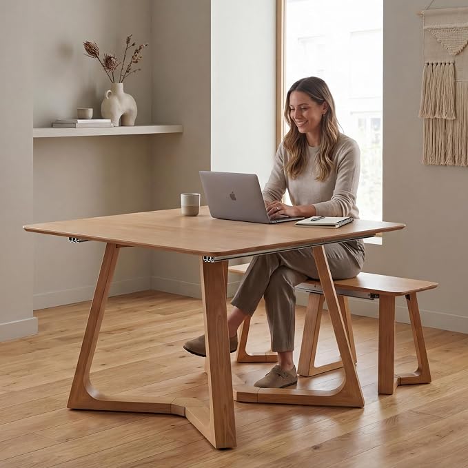 Transformer Table Nova Extendable Dining Table + Bench, Natural | Telescopic Steel Rails, Expandable 4 to 10 Seats, Kitchen & Banquet Table