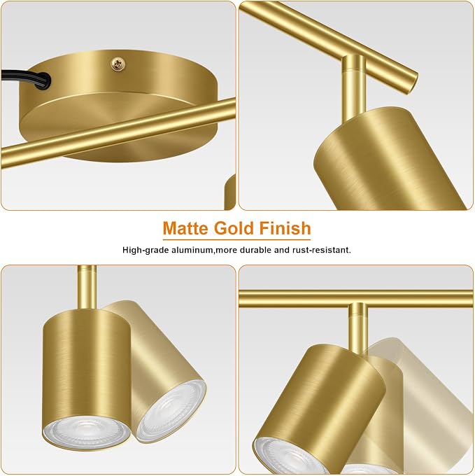 Plug in Track Lighting LED, Track Lighting Fixtures Ceiling, Gold 6-Light Kitchen Light Kit, Plug in Wall Light with 14.8ft Power Cord, Rotatable Ceiling Spotlight for Bedroom(GU10 Socket, NO Bulb)