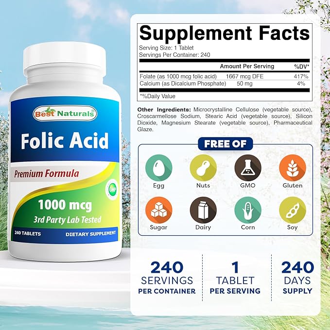 Best Naturals Folic Acid 1000 mcg (Vitamin B9), 240 Tablets (1000 mcg (Pack of 2))