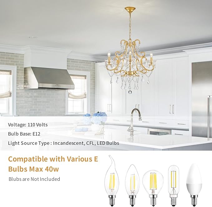 Crystal Chandelier, 5-Light Gold Chandelier for Dining Room Light Fixture, K9 Crystal Pendant Ceiling Light Fixture, Modern Candle Chandelier for Living Room Kitchen Island Entryway Bedroom