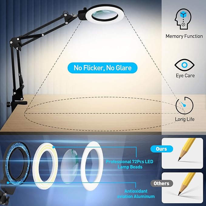 KIRKAS 12X Magnifying Glass with Light and Stand, Overhead Knob Magnifying Lamp for Workbench Craft, Sewing, 2-in-1 Lighted Magnifier Real Glass Lens Stepless Dimming and Color(9.06IN Base & Clamp)