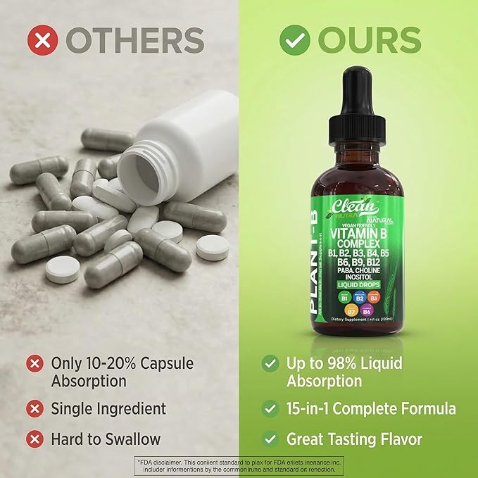 Complexe de Vitamines B Liquide | Thiamine B1, B6, B2, B3, B4, B5, B7, B9, B12, Niacinamide, Paba, Choline Inositol Taurine Probiotiques Racine de Betterave Spiruline - Compléments Alimentaires de Vitamines B Végétales par Clean Nutra