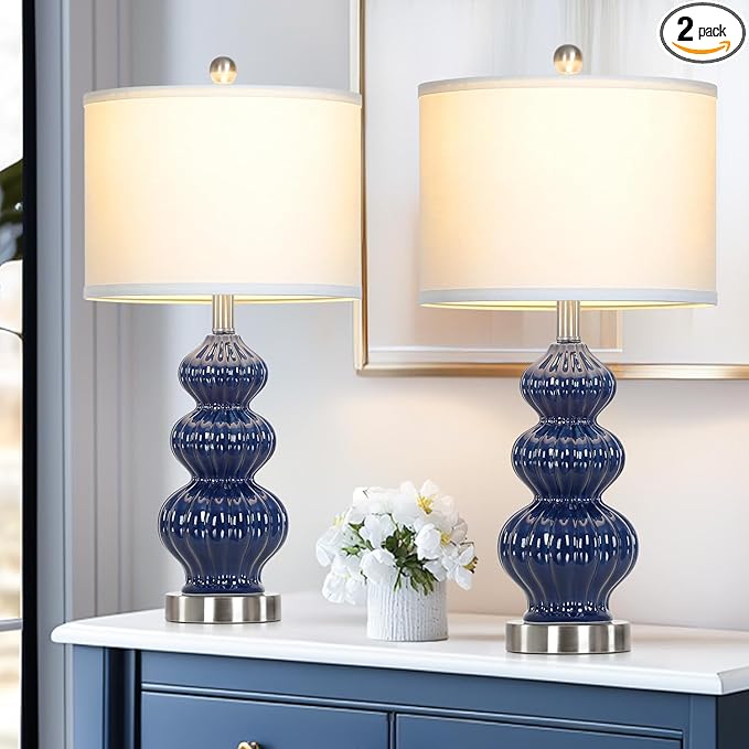 Cinyirong 26" Blue Table Lamp Set of 2 with Rotary Control, Ceramic Table Lamps Classic Beside Lamps Nightstand Lamp Modern Table Lamp for Living Room,LED Bulbs Included