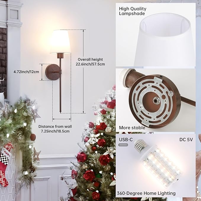 Shenmoyl Battery Operated Wall Sconces Set of 2, Walnut Color Wall Lamp 6000 mAh Rechargeable Bulb with 12 RGB Colors Dimmable Wall Sconce for Living Room Bedroom