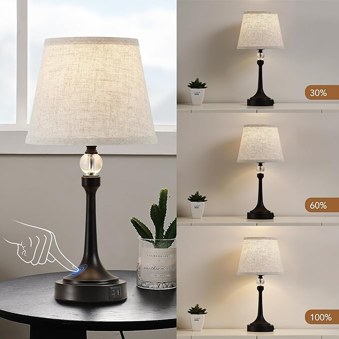 19.7'' Touch Table Lamps for Living Room, Small Lamp for Bedroom with USB C+A Ports, Dimmable Touch Lamps, Reading Desk Lamp for Office, Metal Bedside Lamps, Bulb Included, 1pcs, Black