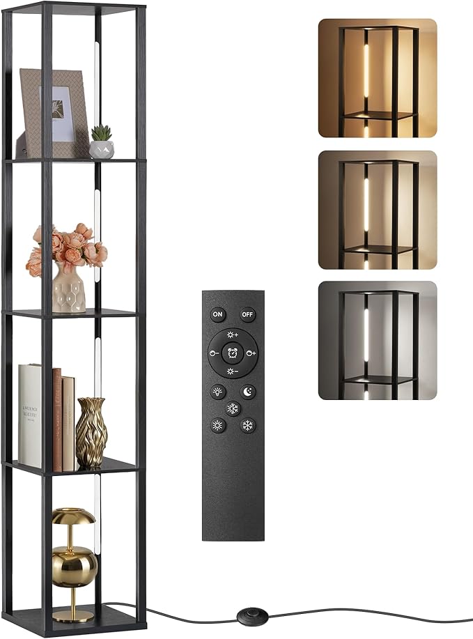 64.2" Display Shelf with Light, Modern Corner Floor Lamp with Shelves, 3000K-6000K LED Dimmable Standing Lamp with Remote for Living Room, Bedroom, Office, Adjustable CCT, Black Square B51LD05