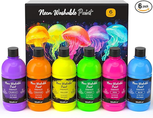 Nicpro 6 Colors Fluorescent Large Washable Paint Set for Kid (16.9 oz), Glow in the Black Light, Non Toxic Neon Tempera Paints for Art, Craft DIY, Poster & Finger Paint, School, Home, Classroom, Party