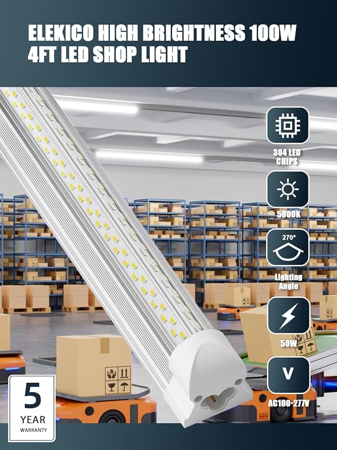 ELEKICO Super Bright 50w 7200lm 5000k V Shape 4ft Led Shop Lights for Workshop 4ft, 4' Linkable 4 Foot Led Shop Lights with Plug in Power Cable On/Off Switch for Garage Basement Warehouse