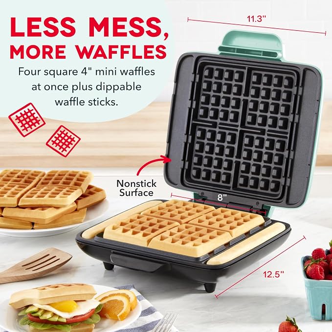 DASH No-Drip Waffle Maker: Waffle Iron 1200W + Waffle Maker Machine For Waffles, Hash Browns, or Any Breakfast, Lunch, & Snacks with Easy Clean, Non-Stick + Mess Free Sides - Aqua