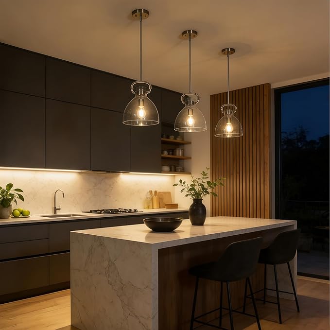 9.8'' Brushed Nickel Kitchen Pendant Lighting Over Island, Modern Pendant Lights Fixture,1-Light Adjustable Glass Pendant Lights for Kitchen Island Dining Room Bedroom E26