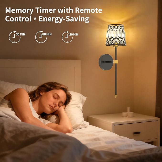 Black and Gold Battery Operated Wall Sconces Set of 2, Crystal Rechargeable Wireless Wall Sconce Lights for Home Decor, Dimmable 12 RGB and 3CCT Wall Lamps with Remote for Living Room Bedroom Hallway