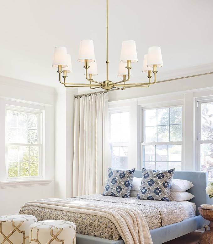 40.5'' 8-Light Brushed Gold Chandelier, E12 Base, White Fabric Shade - Farmhouse & Industrial Style Pendant Light for Dining Room Living Room Bedroom Kitchen