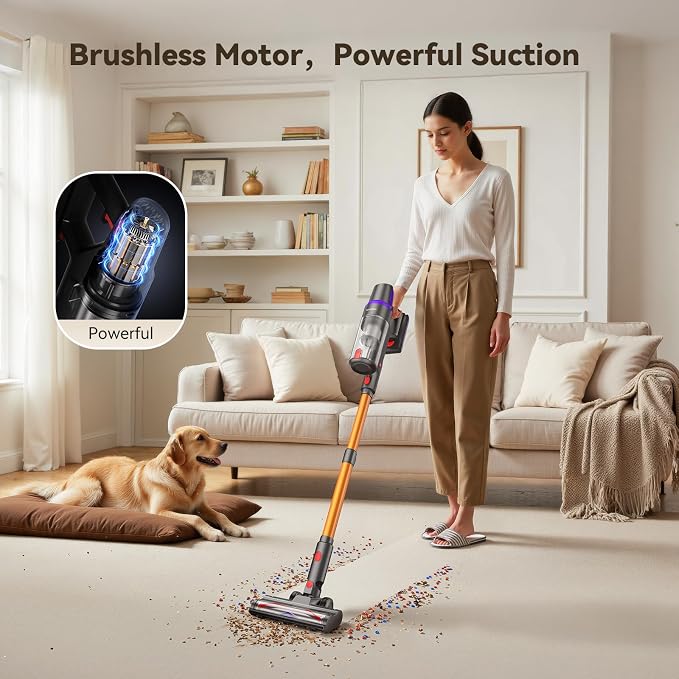 TechRise Cordless Vacuum Cleaner for Home, 550W 45KPa Powerful Suction with HEPA Filter, 60 Min Runtime,Self-Standing, Anti-Tangle Brush, LED Light for Pet Hair, Carpets, Hard Floor