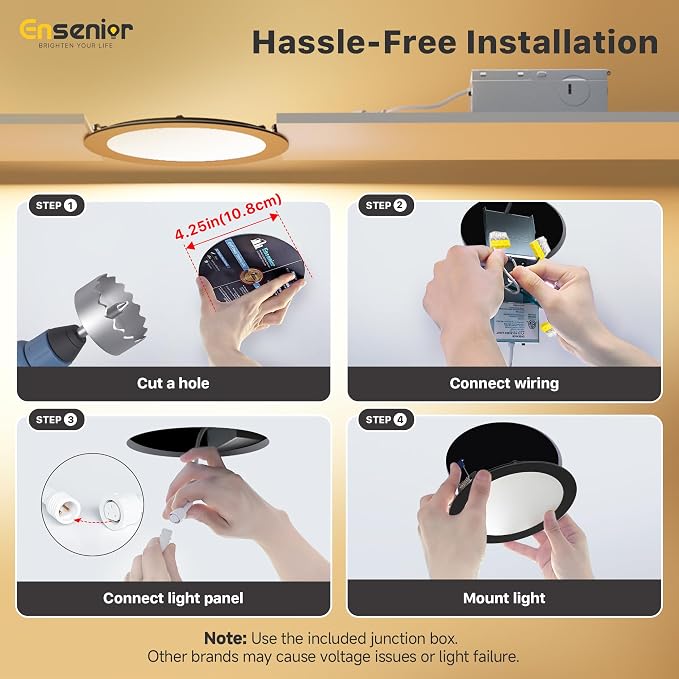 Ensenior 4 Pack 4 Inch LED Recessed Light, Dimmable, 2700K-5000K 5CCT, 750LM High Brightness, 9W 120V, Damp Rated, Ultra-Thin Canless Wafer Light, Black - ETL & FCC & IC