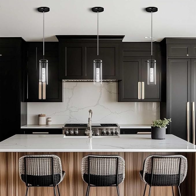 Pendant Ceiling Light Fixture, 6500K LED Kitchen Lighting Crystal Pendant Lights Kitchen Island Brushed Black, Glass Kitchen Hanging Light Fixture Modern Island Light with Crystal Bubble 3 Pack