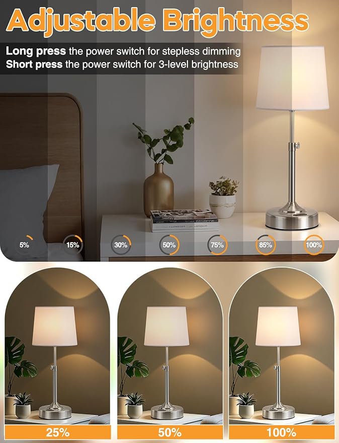 Height Adjustable Cordless Table Lamp with 2H/4H/6H Timer, Rechargeable Battery Operated Lamp Dimmable, Portable Battery Lamp for Camping Restaurant, Brushed Nickel LED Wireless Lamps, Bulb Included