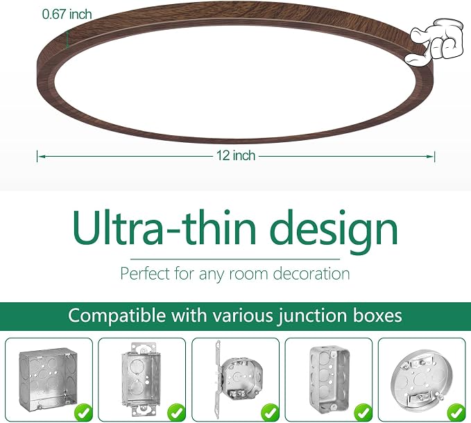 Brightever 2 Pack LED Flush Mount Ceiling Light, 12 Inch 24W, Super Slim 0.67 Inch 3200LM Ceiling Light Fixture Walnut Wood Color, Dimmable & 2700K-6500K 5 Color in One Ceiling Lamp for Farmhouse