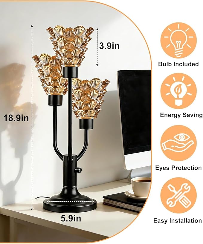 Glass Vintage Table Lamp Dimmable Nightstand Lamp Mid Century Modern Black Desk Lamp Brown Glass 3 Bulbs Included Warmwhite Ambient Bedside Lamps for Living Room Bedroom Office Home Decor