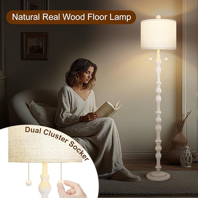 Scenekoy 65.5” Natural Real Wood Floor Lamp for Living Room Bedroom, Dual S Cluster Socket, Pull Chains Switch, Farmhouse Tall Standing Lamp with Linen Shade for Home Room Decor (Bulbs Included)