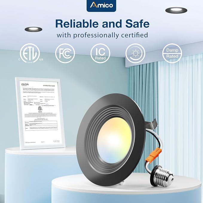 Amico 24 Pack 4 inch 5CCT LED Recessed Lighting, Dimmable, 8.5W=60W, 650LM, 2700K/3000K/4000K/5000K/6000K Selectable, Retrofit Can Lights with Baffle Trim, IC Rated - ETL & FCC, Black