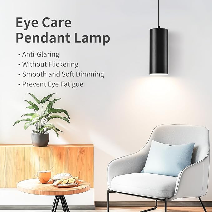 4" Pendant Lights Kitchen Island, 25W Cylinder Hanging Lights with Dipswitch, Modern Eye Care Led Pendant Lamp fixtures for Bedroom, Living Room, Office (Black, 2 Pcs)