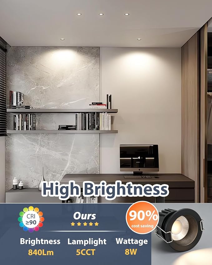 Aosclex 2 Inch 5CCT Anti-Glare LED Recessed Lights with Jbox, 2700K/3000K/3500K/4000K/5000K Selectable, 8W 840LM CRI90+, Dimmable Canless Downlight, Waterproof Light Fixtures, ETL & FCC（Black, 1 Pack）