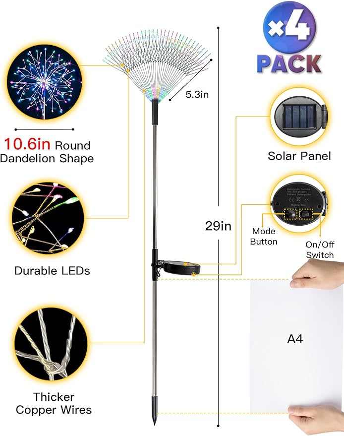 suddus Solar Garden Lights Outdoor Waterproof Decorative, 4Pack 150LED Multicolor Firework Lights 8 Modes, Solar Fairy Lights for Yard, Patio, Pathway, Balcony Planter Flowerbed Party Outside Decor