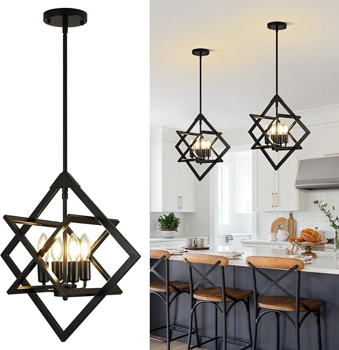 2 Pack Modern Black Chandelier for Dining Room (18",4-Light), No Assembly Required Dining Room Light Fixture Over Table, Industrial Hanging Pendant Lights Fixture for Kitchen Island, Entryway, Foyer