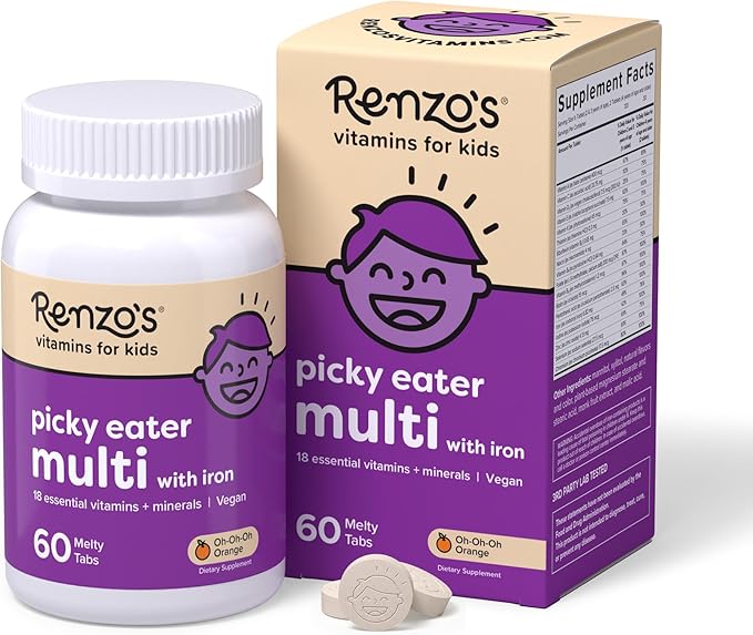 Renzo's ピッキーイーター キッズ マルチビタミン（鉄分配合）、ビタミンD3とK2などを配合した溶ける子供用ビタミン、砂糖不使用のメルティタブレット60錠、Oh-Oh-Oh オレンジ味