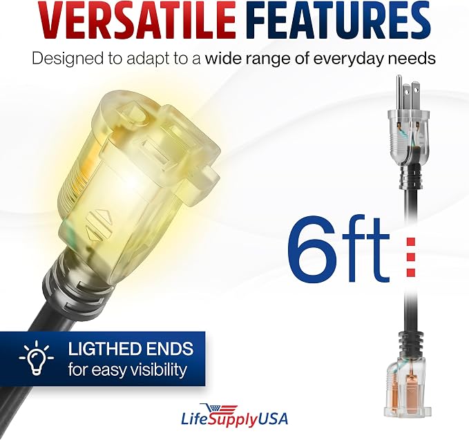 6ft Outdoor/Indoor Extension Cord 10/3 Gauge Ultra Heavy Duty 3 Prong SJTW, Waterproof, Flexible Cold-Resistant Long Power Cord,125 Amp 1875W, Black by LifeSupplyUSA