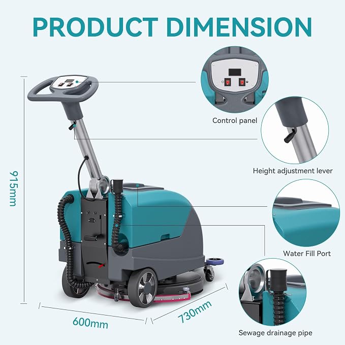 17" Walk Behind Commercial Floor Scrubber, 24" Squeegee Width | Battery Powered Cordless Floor Cleaner Polisher , 24000 SqFt/H Efficient Cleaning for Office Cafe Clinic Retail Store
